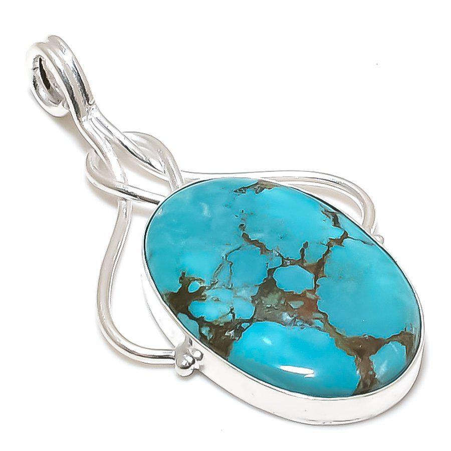 Emerald Matrix Pendant, Natural Turquoise Silver Pendant, Vibrant Turquoise Statement Pendant, Unique Turquoise Cabochon Necklace, Gift her