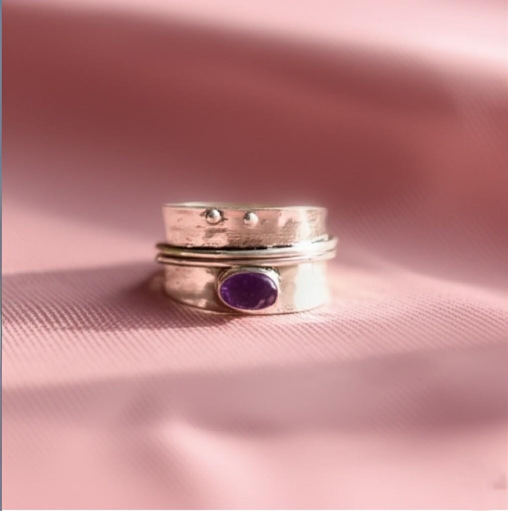 Soothing Amethyst Spinner Ring - Handcrafted 925 Silver Fidget Ring for Her, 925 Silver Ring, Gemstone Ring, Fidget Ring, Ring For Women