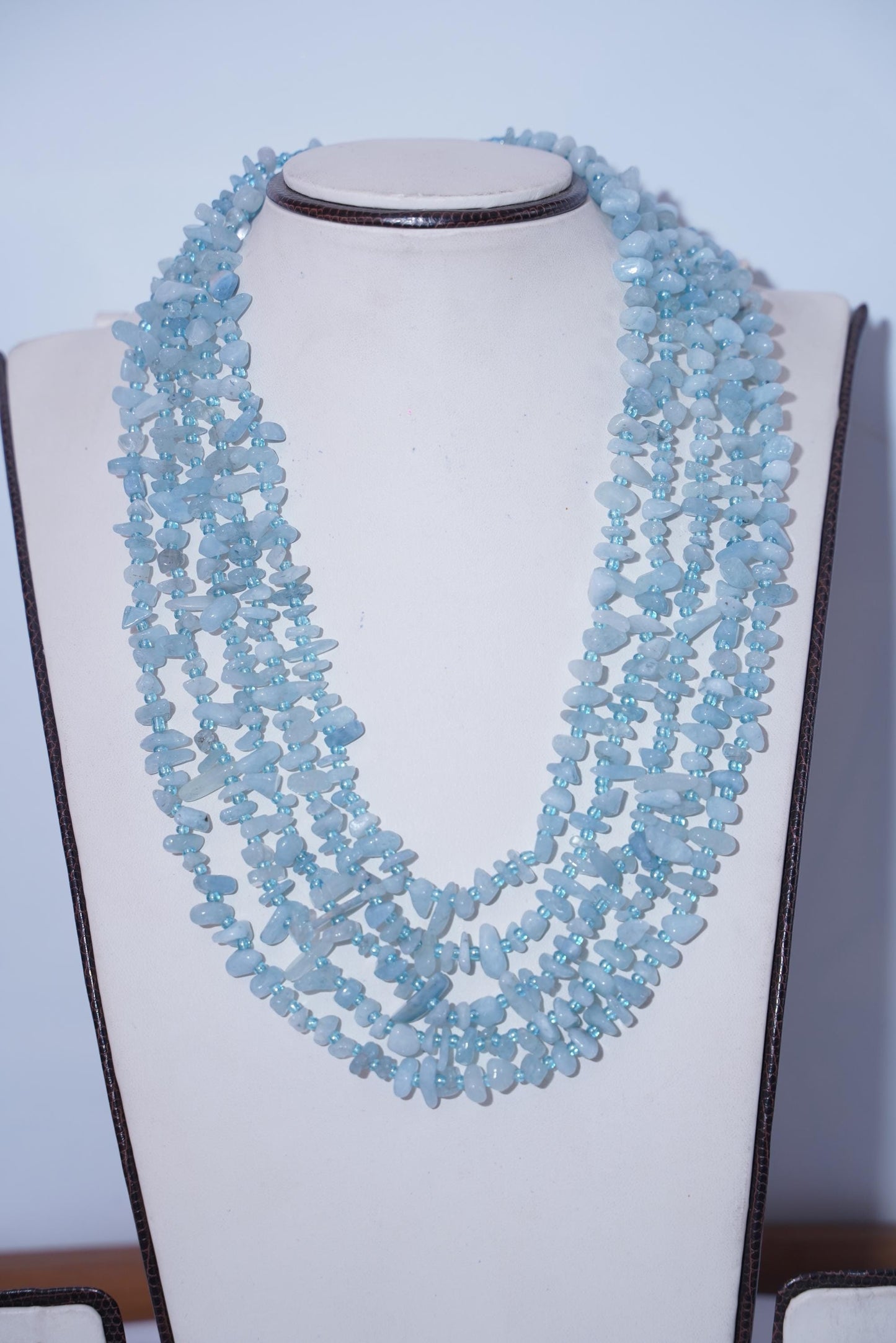 Milly pearl necklace, Aqua gemstone necklace, Five-layer necklace, Multi-layer pearl necklace, Aqua and pearl jewelry, Statement necklace