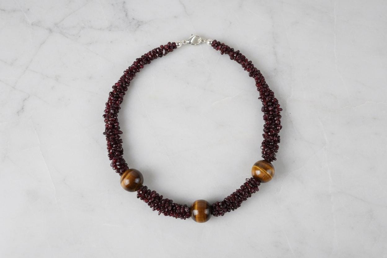 Elegant Black Agate and Tiger's Eye Necklace, Black Agate Necklace, Handmade Necklace Natural Agate Boho Necklace, Dark Red Necklace