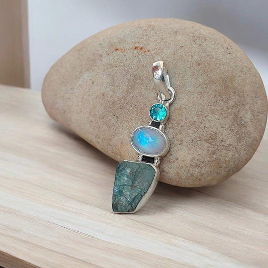 Raw Aquamarine & Moonstone And Blue Topaz Pendant, Sterling Silver Pendant, Boho Jewelry, Charm Pendant, Gift item, Multi stone pendant