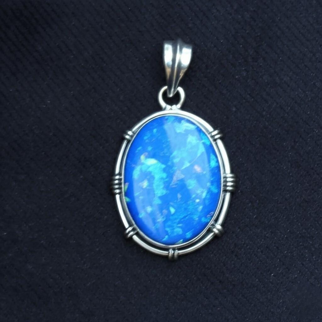 Mystic Blue Opal Pendant: Sterling Silver Bezel, Statement Necklace