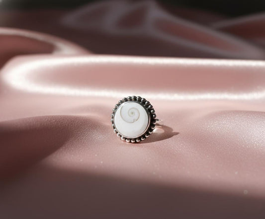 Shiva Eye Shell Ring | Sterling Silver Spiral Jewelry | Beaded Edge Boho Cowrie Ring | Natural Ocean Statement Gift