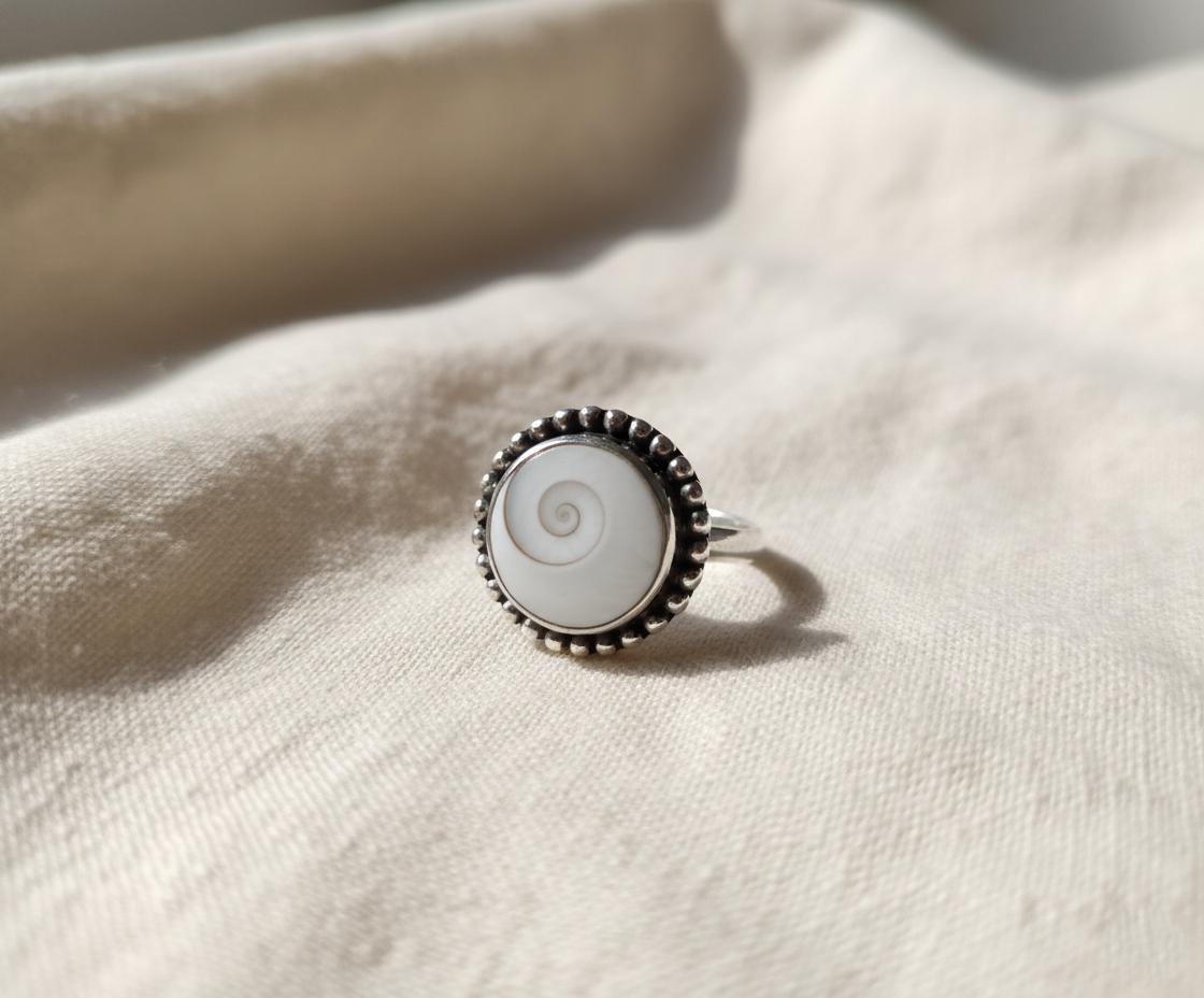 Shiva Eye Shell Ring | Sterling Silver Spiral Jewelry | Beaded Edge Boho Cowrie Ring | Natural Ocean Statement Gift