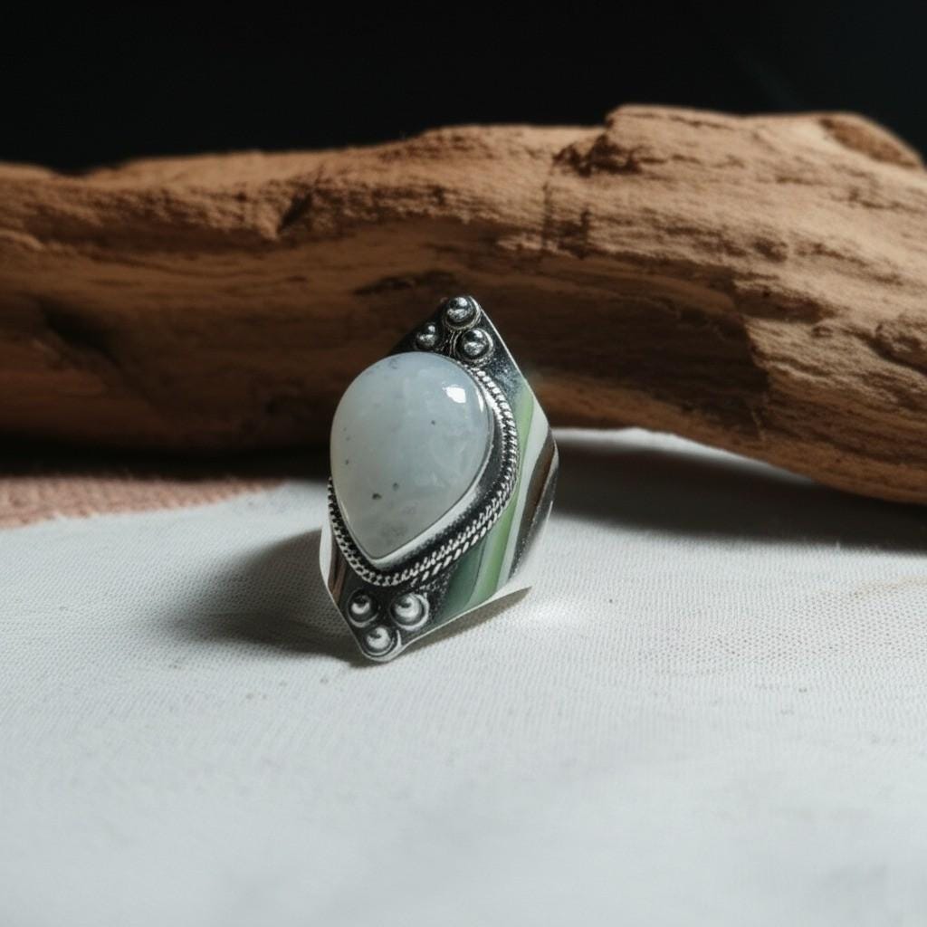 Handmade Rainbow Moonstone 925 Sterling Silver Statement Ring