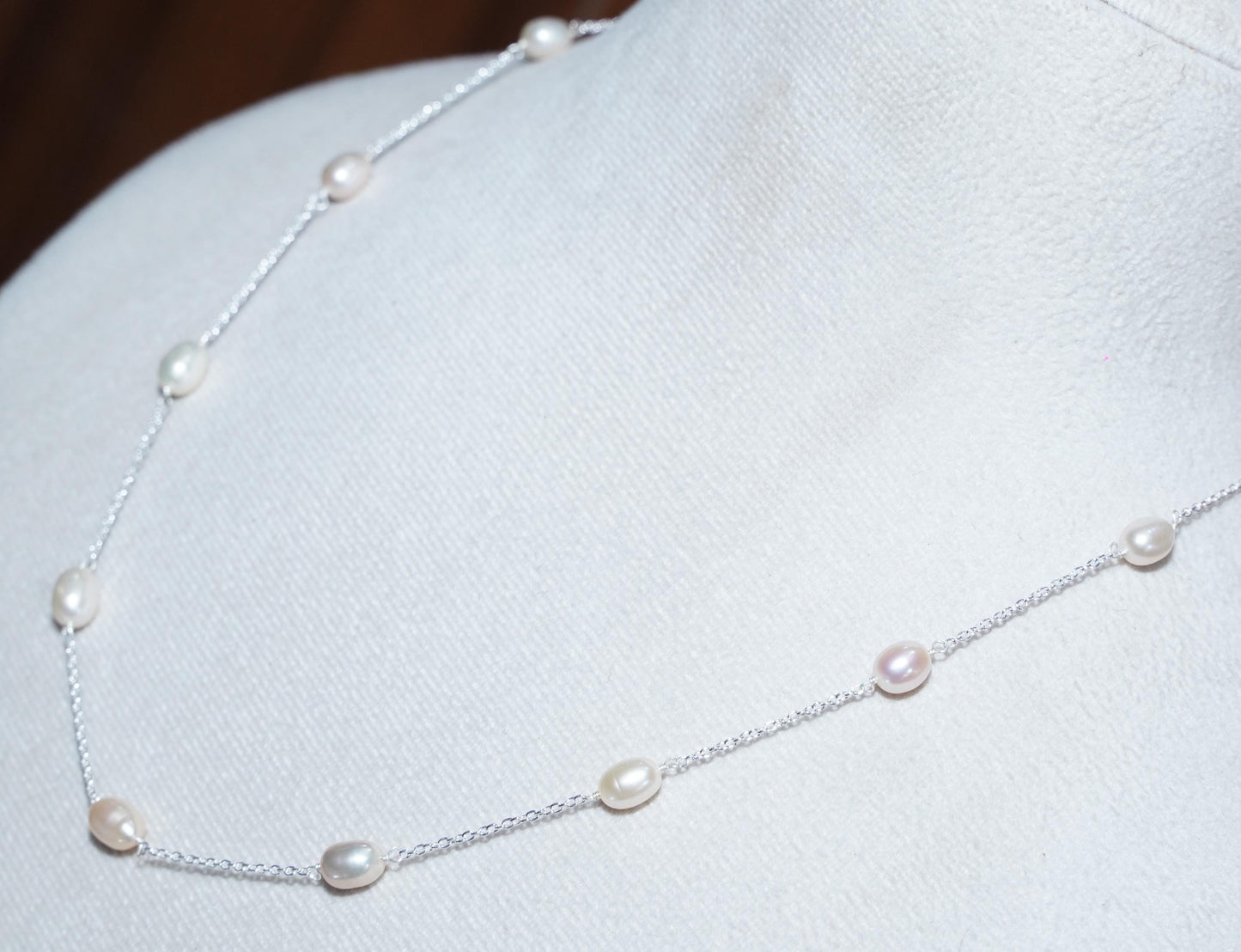 Delicate White Rice Pearl Necklace: Sterling Silver Chain, Minimalist Jewelry