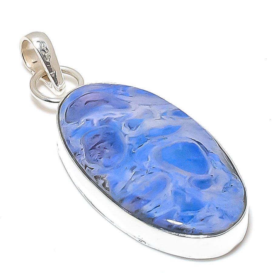 Blue Dendritic Agate Pendant, Geometric pendent, Blue pendent, Handmade pendent, silver pendent, gift for him, gift for her, Agate Jewelry
