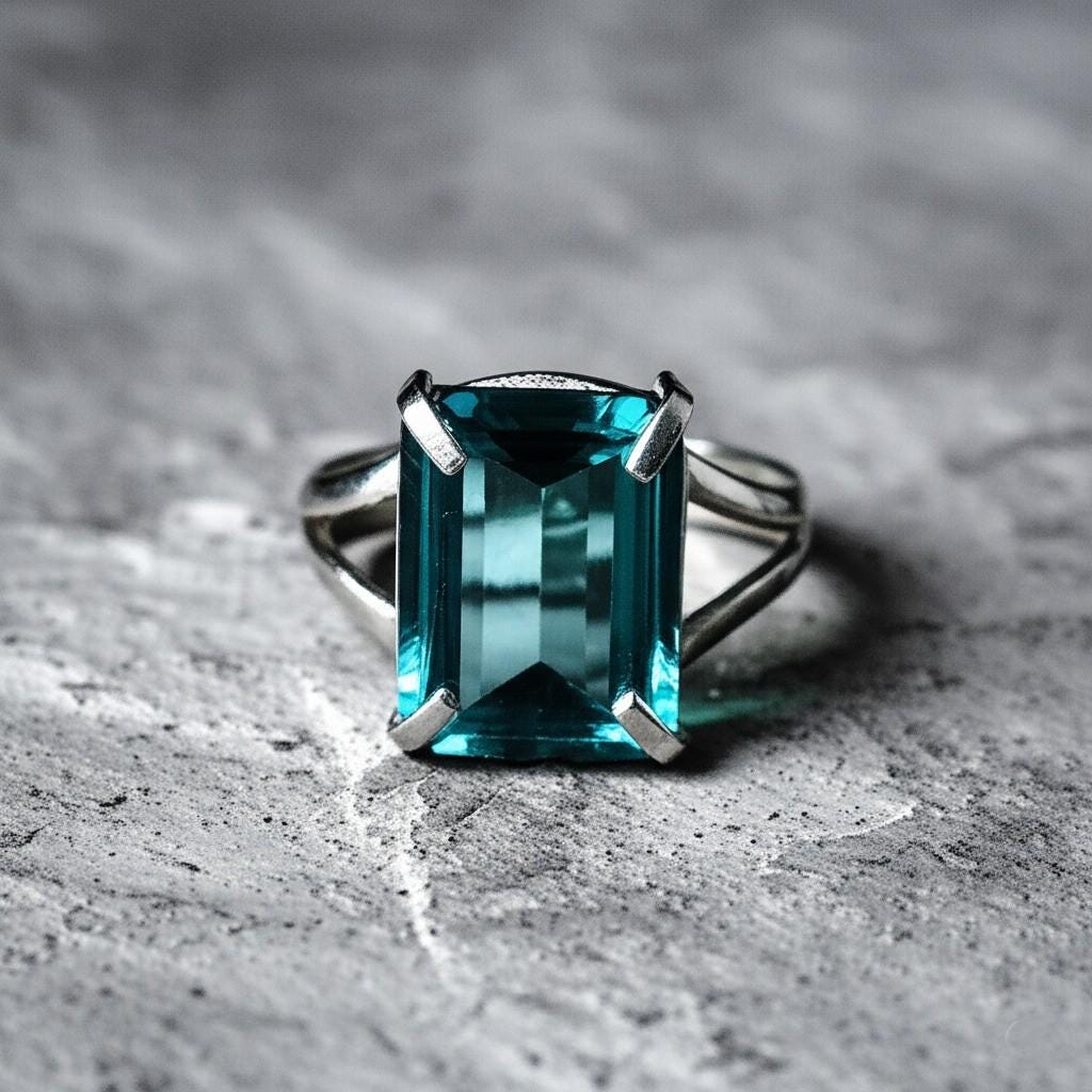 Aquamarine Ring, Emerald Cut Aquamarine, 925 Sterling Silver Ring, March Birthstone Jewelry, Statement Ring, Engagement Ring, Gift for mom