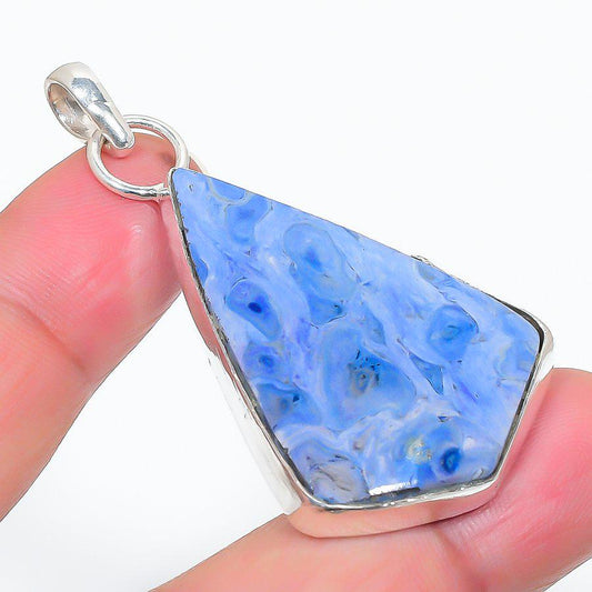 Blue Dendritic Agate Pendant, Geometric pendent, Blue pendent, Handmade pendent, silver pendent, gift for him, gift for her, Agate Jewelry
