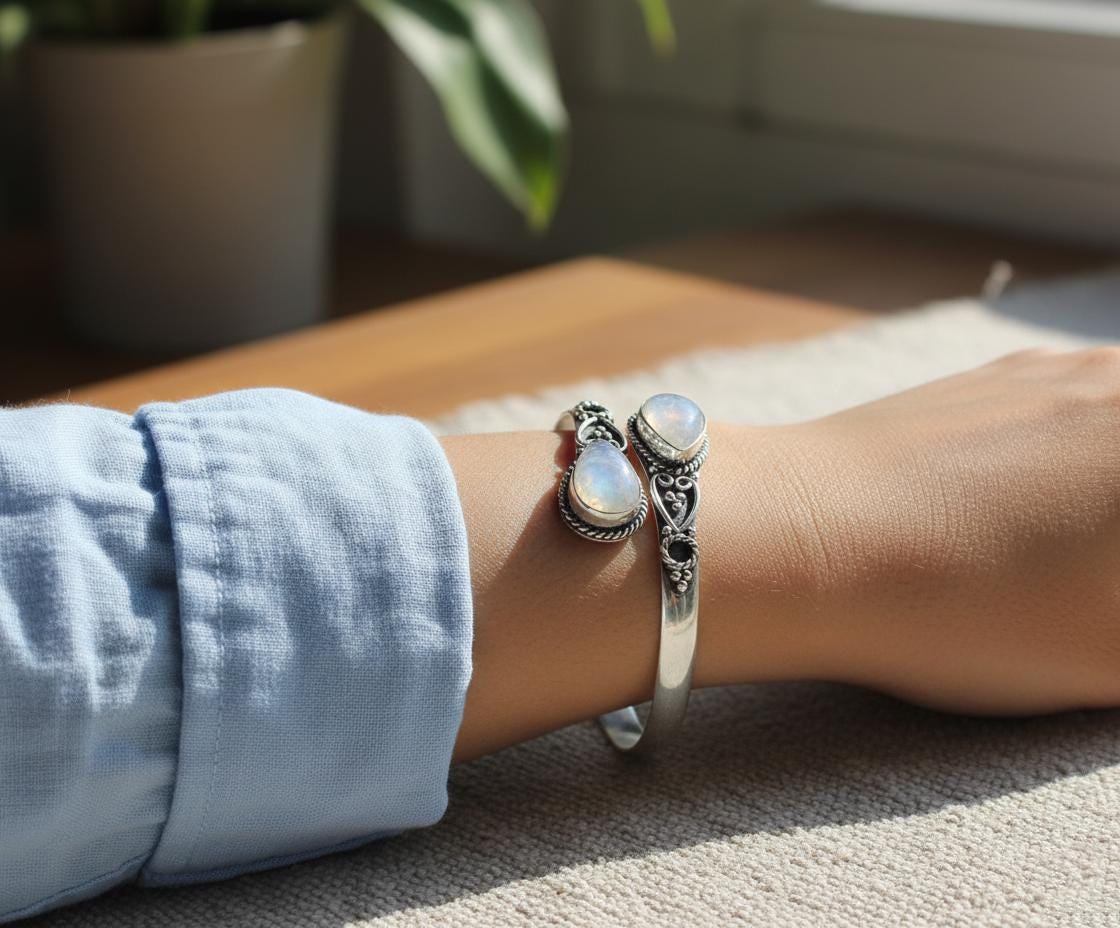 Handmade Silver Moonstone Bangle - Ornate Sterling Silver Cuff Bracelet | Bohemian Moonstone Teardrop Bangle - Artisanal Silver Gemstone