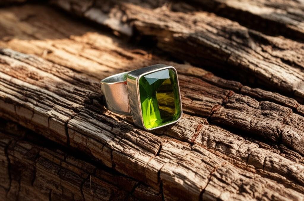 Men's Green Gemstone Ring | Rectangular Peridot Style Ring in Silver Band | Bold Statement Jewelry for Him | Modern Geometric Cut Ring |Gift