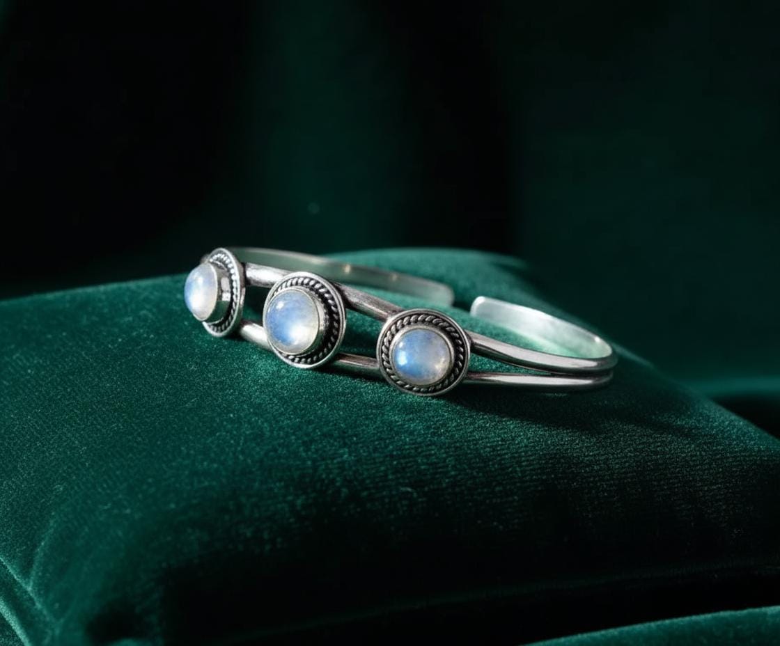 Triple Moonstone Sterling Silver Cuff Bracelet | Three Stone Oval Bangle | Vintage Style Gemstone Statement Jewelry | Christmas Gift | Gift