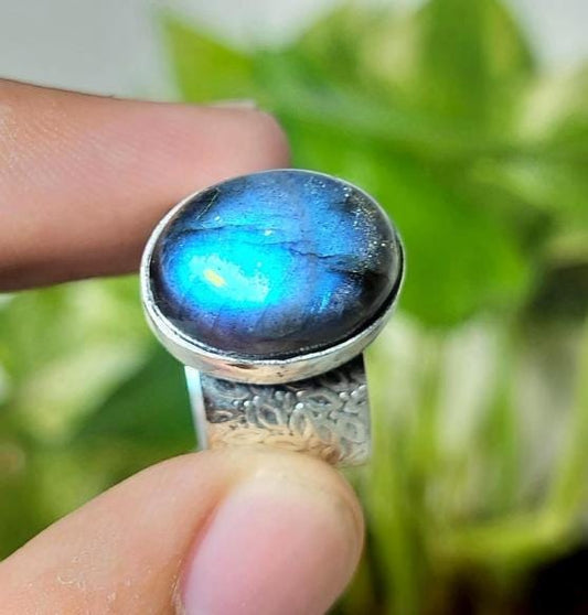 Blue Gemstone Ring | Sterling Silver Band with Engraved Pattern | Oval Cabochon Statement Ring | Handmade Artisan Jewelry | Gift for her