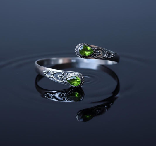 Handmade Silver Peridot Bangle - Ornate Sterling Silver Cuff | Artisanal Peridot Teardrop Bangle - Bohemian Silver Gemstone Bracelet