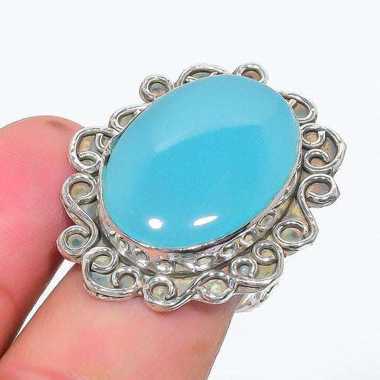 Filigree Silver Blue Chalcedony Ring: Boho Statement Jewelry