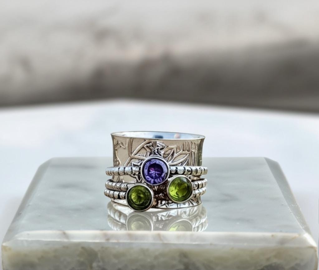 Sterling Silver Spinner Ring: Peridot, Amethyst, Botanical Band
