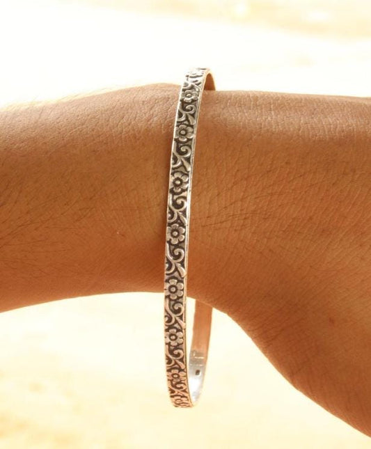 Sterling Silver Bangle | Floral Engraved Bracelet | Handmade Silver Jewelry | Minimalist Bangle for Women | Gift for Her