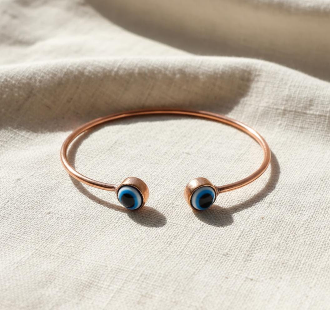 Protective Evil Eye Copper Bangle, Adjustable Bangle, Unisex Bangle, Handmade Bangle, Metal Bangle, Gemstone Bangle, Gift for him, Gift Her