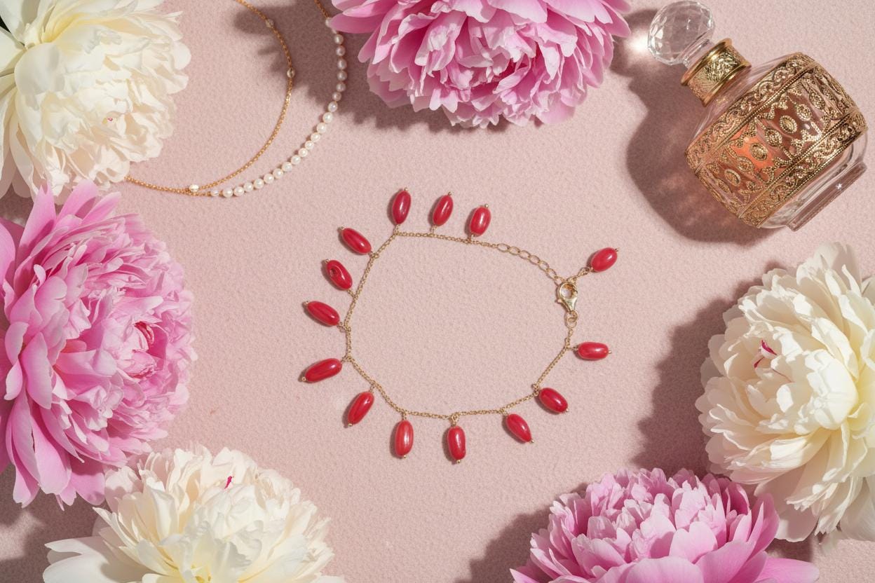 Red Coral Dangle Bracelet Gold Plated | Delicate Nugget Charm Chain | Mediterranean Minimalist Summer Jewelry | Ankle Bracelets Gift for her