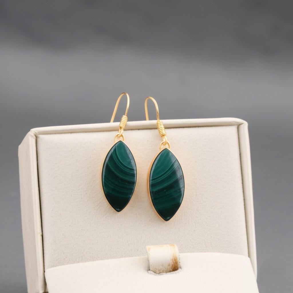 14K Gold Malachite Earrings: Elegant Green Gemstone Dangle