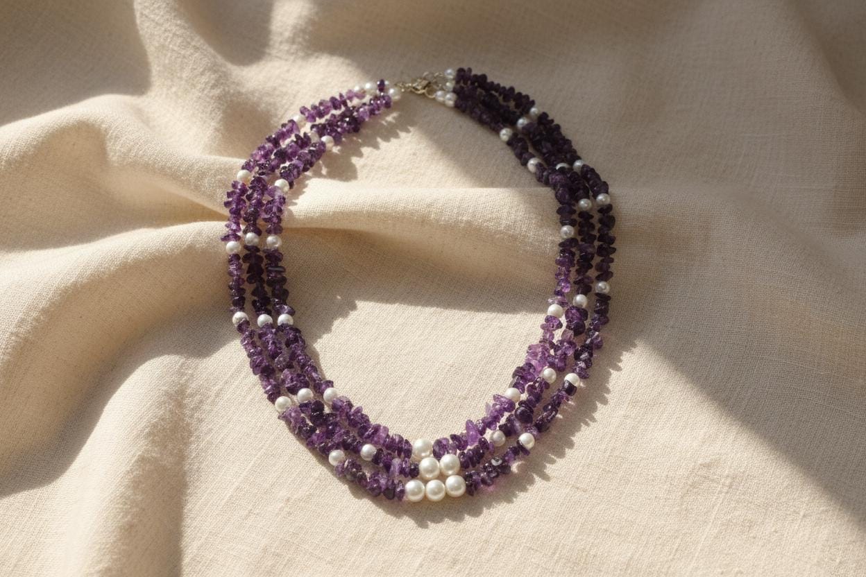 Amethyst and White Glass Pearl Multistrand Necklace – Handmade Beaded Gemstone Statement Necklace, Elegant Purple Jewelry Gift for Her
