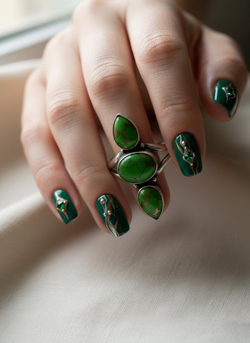 Matrix Trio Ring, Emerald Green Veined Statement Ring, Three Stone Green Matrix, Silver Ring, Handmade silver ring, Gold Gemstone Ring, Gift