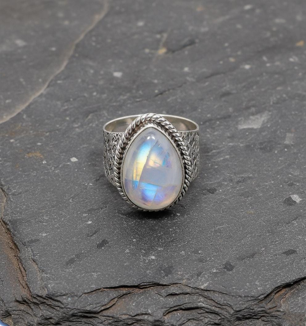 Moonstone Ring, Sterling Silver Ring, Teardrop Moonstone Ring, Birthstone Ring for Her, Statement Ring, Boho Ring, Handmade Moonstone Ring