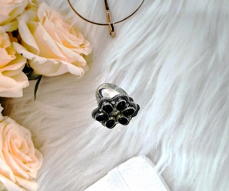 Black Onyx Flower Ring 925 Sterling Silver Statement Floral Ring