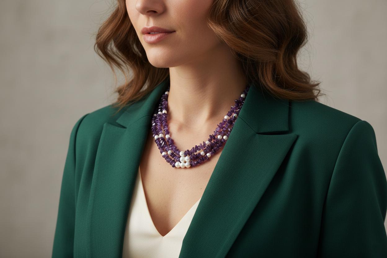 Amethyst and White Glass Pearl Multistrand Necklace – Handmade Beaded Gemstone Statement Necklace, Elegant Purple Jewelry Gift for Her