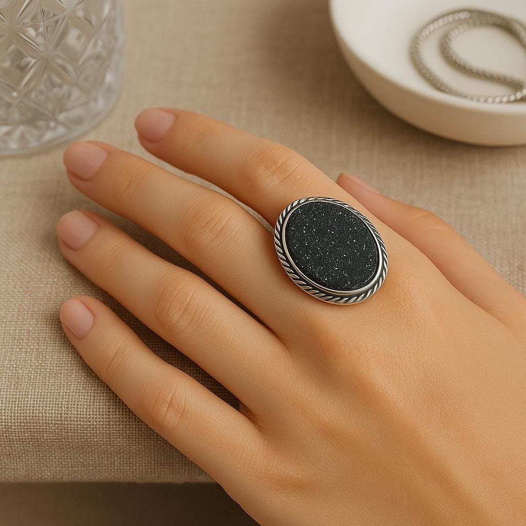 Black Druzy Statement Ring: Adjustable Sterling Silver Boho Jewelry