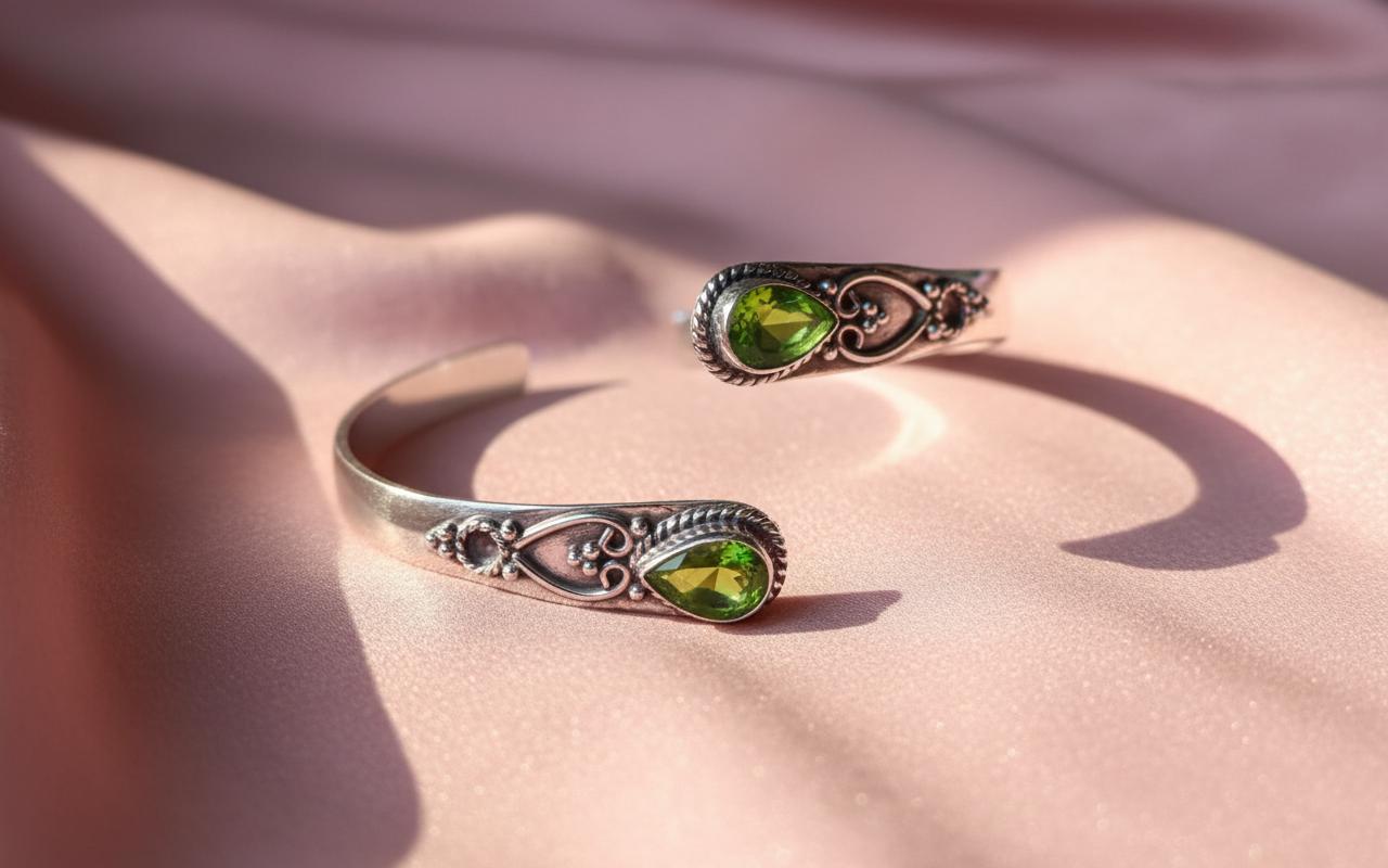 Handmade Silver Peridot Bangle - Ornate Sterling Silver Cuff | Artisanal Peridot Teardrop Bangle - Bohemian Silver Gemstone Bracelet