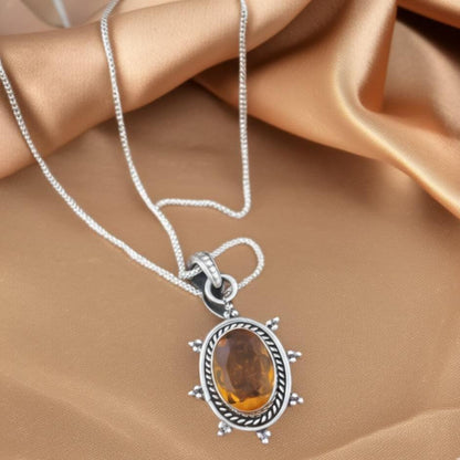 Dainty Citrine Sterling Silver Pendant, Large Citrine Statement Silver Pendant, Vintage Style Citrine Handmade Pendant, Gift for her
