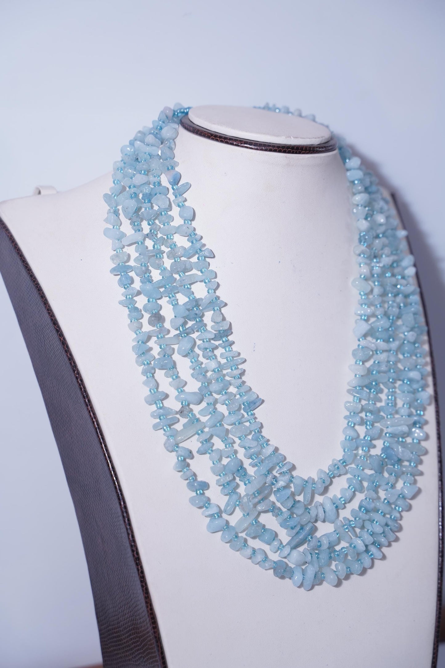 Milly pearl necklace, Aqua gemstone necklace, Five-layer necklace, Multi-layer pearl necklace, Aqua and pearl jewelry, Statement necklace