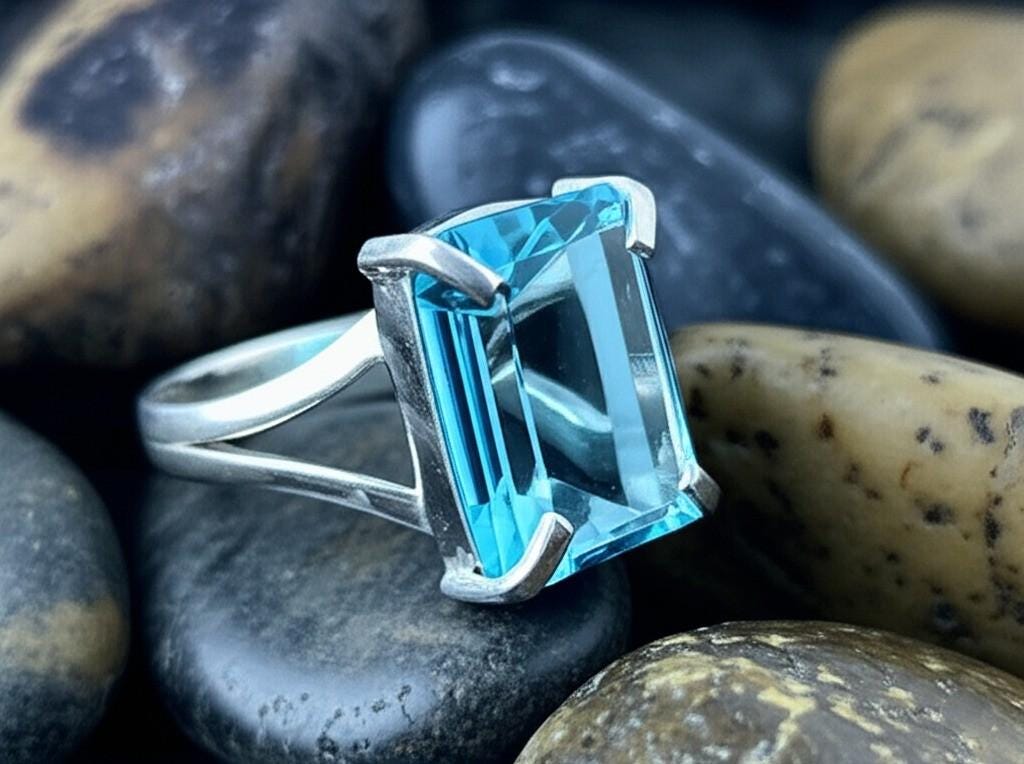 Aquamarine Ring, Emerald Cut Aquamarine, 925 Sterling Silver Ring, March Birthstone Jewelry, Statement Ring, Engagement Ring, Gift for mom