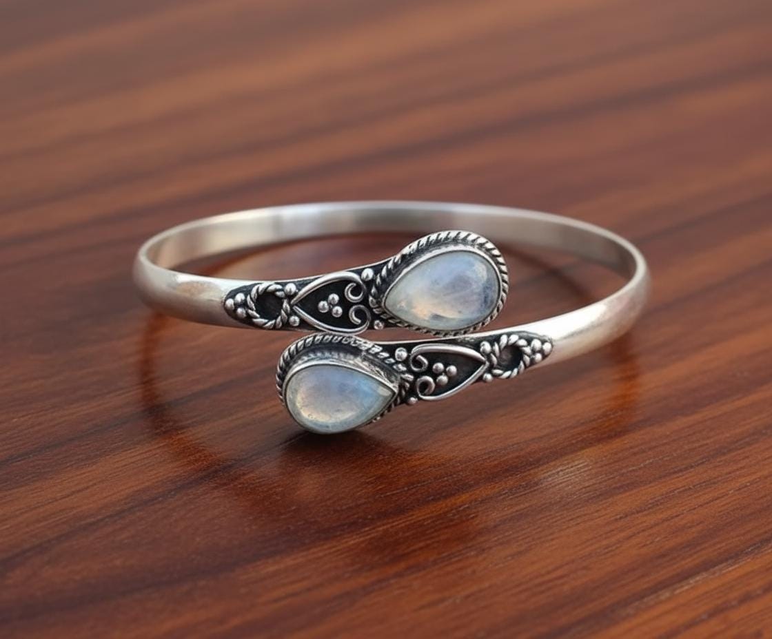 Handmade Silver Moonstone Bangle - Ornate Sterling Silver Cuff Bracelet | Bohemian Moonstone Teardrop Bangle - Artisanal Silver Gemstone