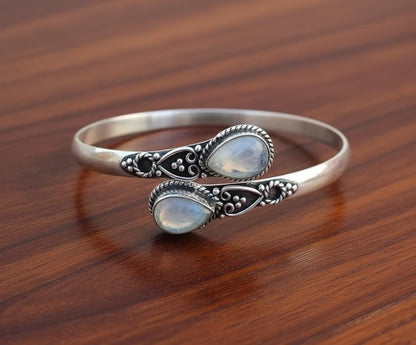 Handmade Silver Moonstone Bangle - Ornate Sterling Silver Cuff Bracelet | Bohemian Moonstone Teardrop Bangle - Artisanal Silver Gemstone