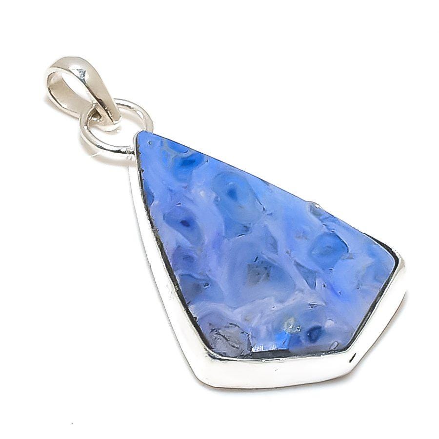 Blue Dendritic Agate Pendant, Geometric pendent, Blue pendent, Handmade pendent, silver pendent, gift for him, gift for her, Agate Jewelry