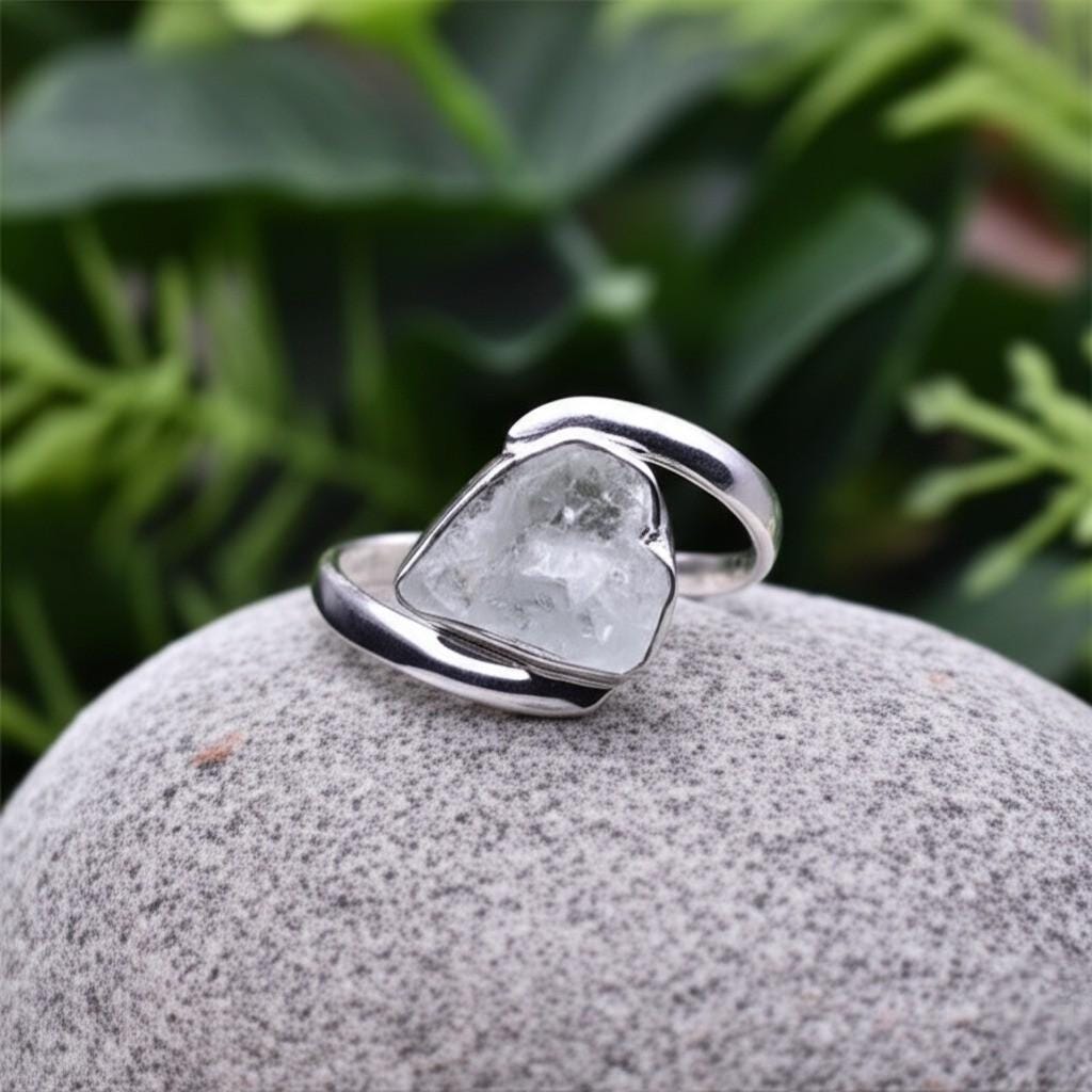 Raw Aquamarine Ring: Sterling Silver Rough Crystal Gemstone