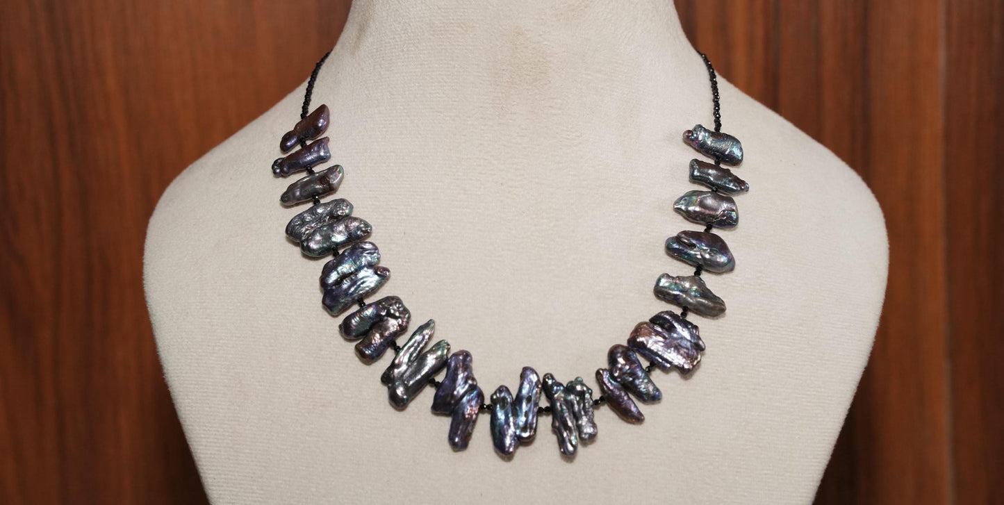 Peacock Barupearl Necklace, Black Spinel Necklace, Handmade Necklace, Pearl Necklace, Unique Necklace, Gold Plated Necklace, Teeth Necklace