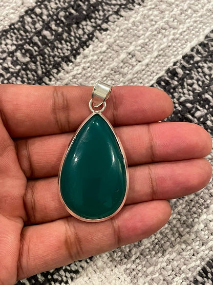 Handmade Green Chalcedony Teardrop Pendant: Silver Bezel