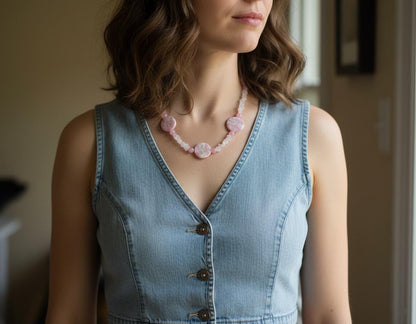 Handmade Rose Quartz Statement Necklace | Bohemian Pink Gemstone Collar| Natural Rose Quartz & Pink Stone Necklace Handcrafted Jewelry, Gift