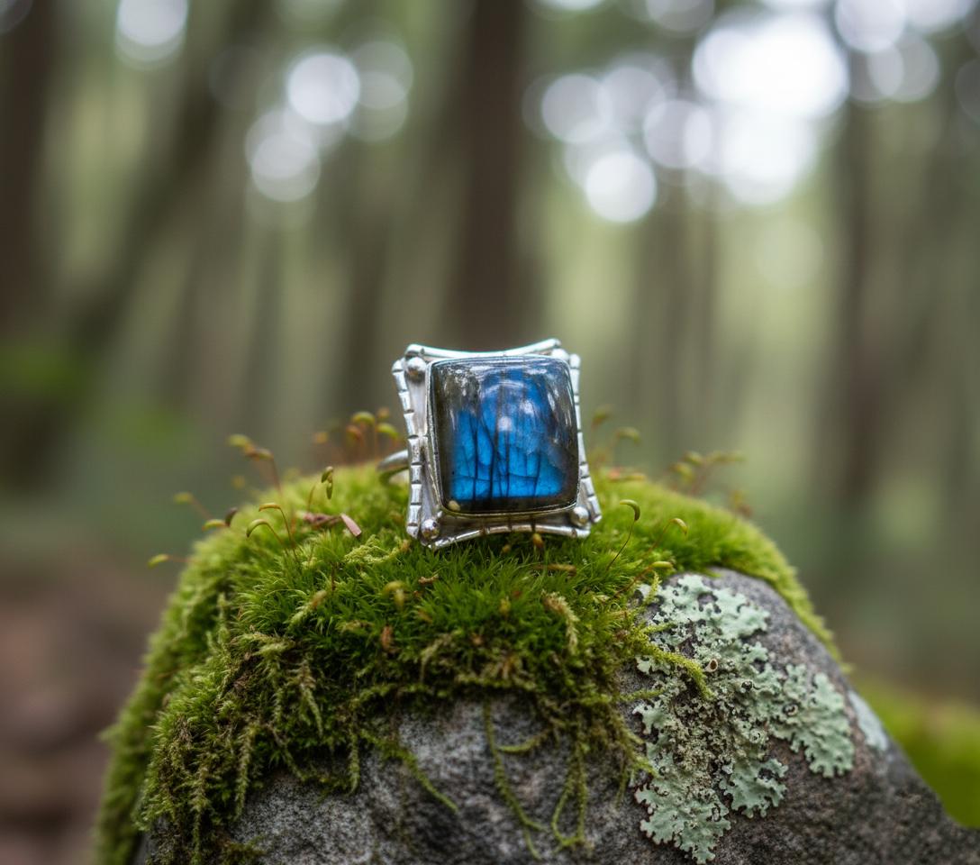 Labradorite Statement Ring | Rustic Sterling Silver Ring | Square Stone Viking Jewelry | Flashy Blue Fire Crystal Gift for Him/Her