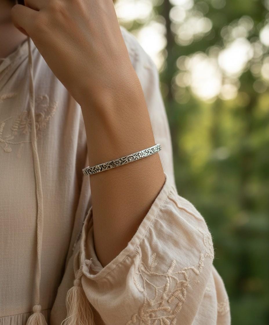 Sterling Silver Bangle | Floral Engraved Bracelet | Handmade Silver Jewelry | Minimalist Bangle for Women | Gift for Her