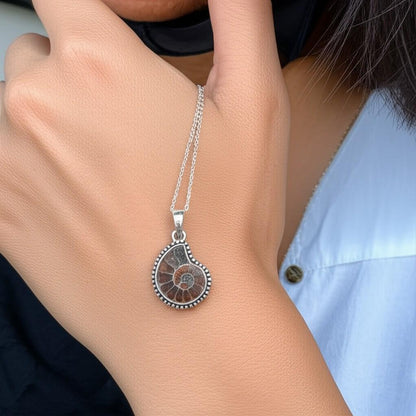 Ammonite Fossil Pendant – Designer Handmade 925 Sterling Silver Pendant, Spiral Pendent, Shell Pendant, Necklace Pendant, Gift for her