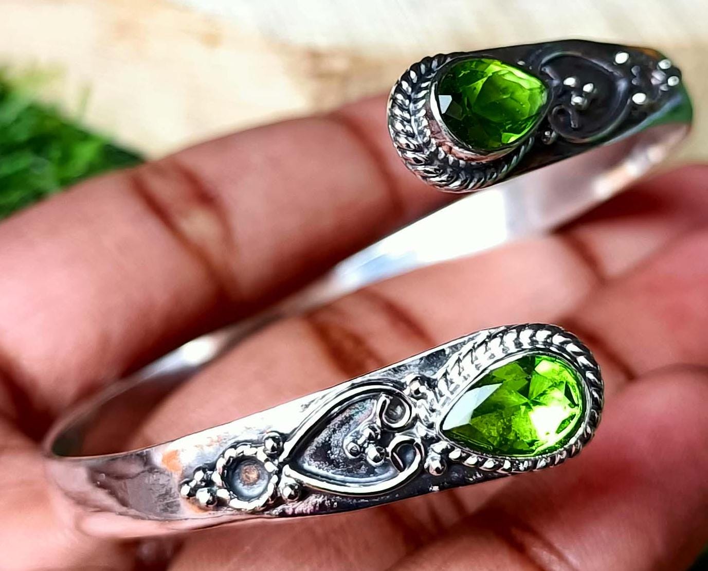 Handmade Silver Peridot Bangle - Ornate Sterling Silver Cuff | Artisanal Peridot Teardrop Bangle - Bohemian Silver Gemstone Bracelet
