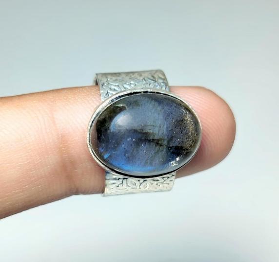 Blue Gemstone Ring | Sterling Silver Band with Engraved Pattern | Oval Cabochon Statement Ring | Handmade Artisan Jewelry | Gift for her