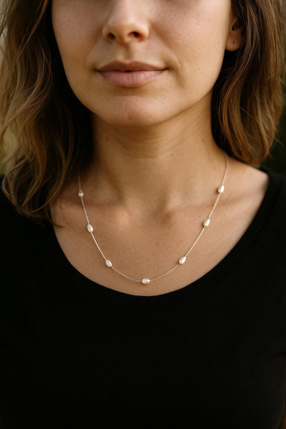 Delicate White Rice Pearl Necklace: Sterling Silver Chain, Minimalist Jewelry
