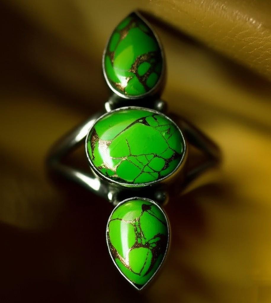 Matrix Trio Ring, Emerald Green Veined Statement Ring, Three Stone Green Matrix, Silver Ring, Handmade silver ring, Gold Gemstone Ring, Gift