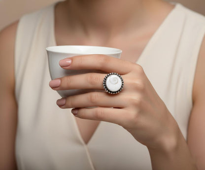 Shiva Eye Shell Ring | Sterling Silver Spiral Jewelry | Beaded Edge Boho Cowrie Ring | Natural Ocean Statement Gift
