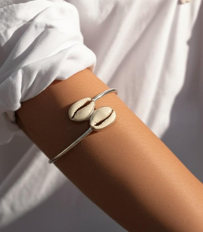 Sterling Silver Cowrie Shell Bangle | Boho Beach Jewelry | Handmade Nautical Bracelet | Gift for Her, Christmas Gift
